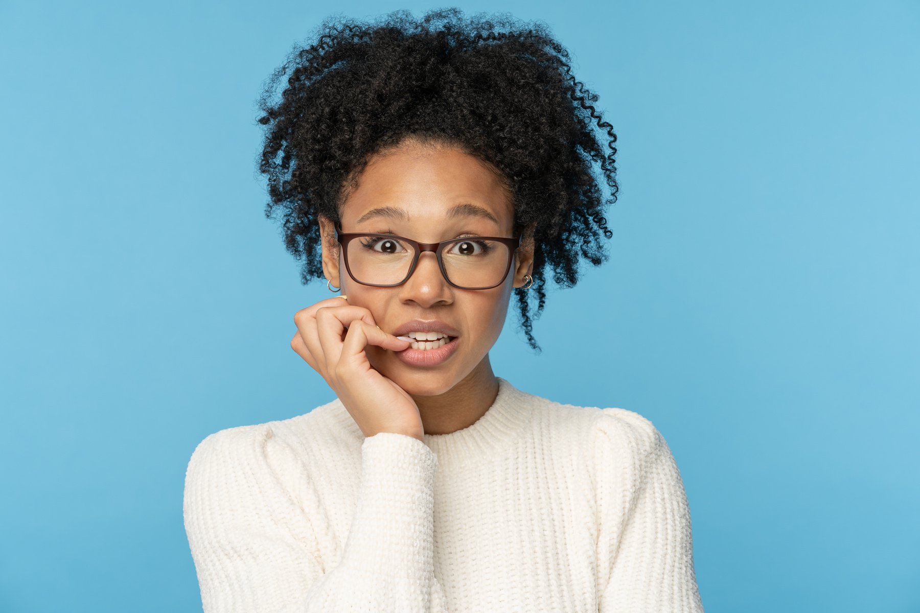 Shy Awkward Afro Woman Wear Glasses Biting 